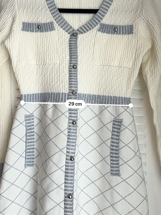 NAIN White Blue Knit Cardigan Dress Button Front Chic Feminine Style - Picture 14 of 16